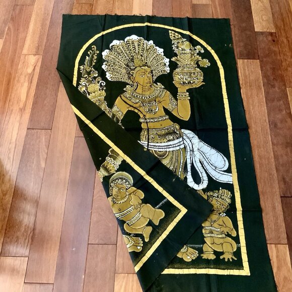 Vintage Batik Tapestry – Hindu Goddess & Attendants – Gold on Brown 30” x 45” - Picture 5 of 12